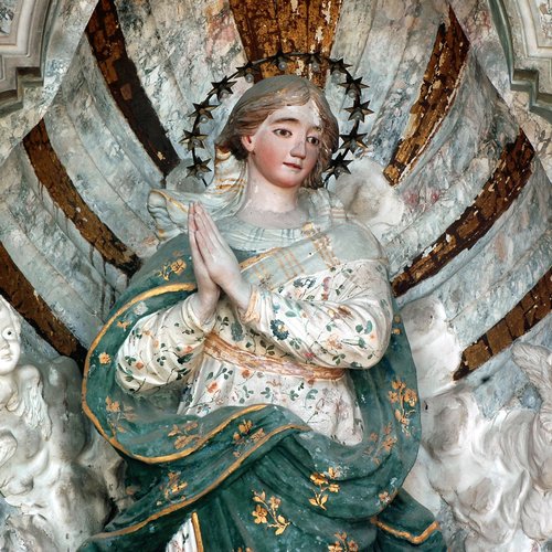 Chiesa di San Giacomo, Altare dell'Immacolata Concezione, statua policroma in gesso della Madonna, 1766, particolare, Polcenigo