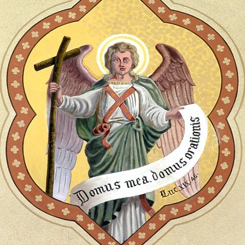 Chiesa parrocchiale di San Giorgio, angelo con cartiglio, Francesco Barazzutti, 1898, San Giorgio della Richinvelda