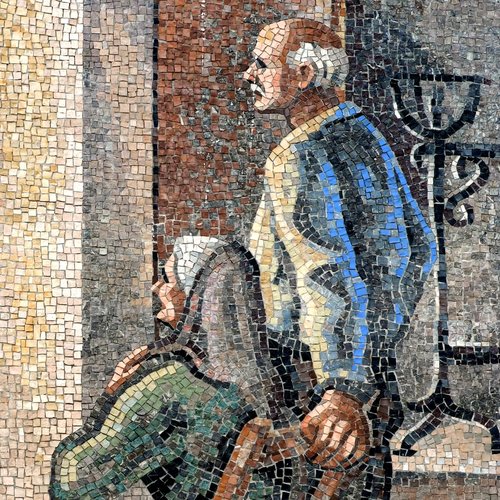 Altare di Sant'Antonio, 1963, con mosaici di Angelo De Carli raffiguranti Gli anziani genitori e la tomba di Giacomo Gri, particolare