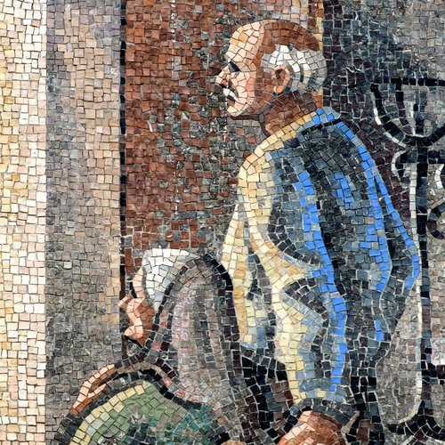 Altare di Sant'Antonio, 1963, con mosaici di Angelo De Carli raffiguranti Gli anziani genitori e la tomba di Giacomo Gri, particolare