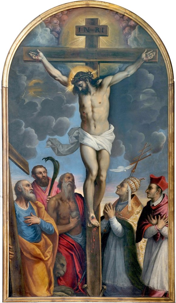 Antonio Grimani, Crocifisso tra i Santi Gregorio Magno, Gerolamo, Carlo Borromeo, Andrea Apostolo e Valentino, 1619