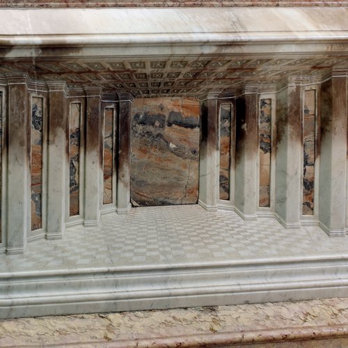 G. Torretti, Bassorilievo illusionistico con scena prospettica, particolare, marmi policromi, sec. XVIII