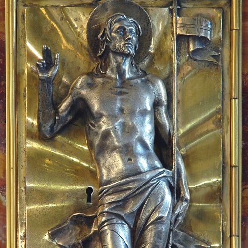 N. Costantini: Porticina del tabernacolo in oro e argento, raffigurante il Redentore, 1957