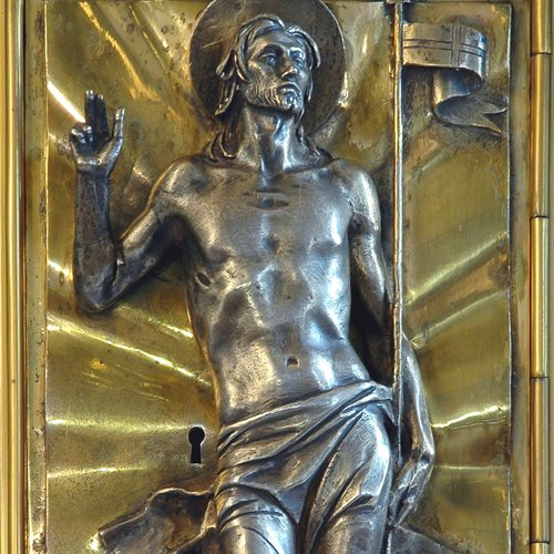 N. Costantini: Porticina del tabernacolo in oro e argento, raffigurante il Redentore, 1957