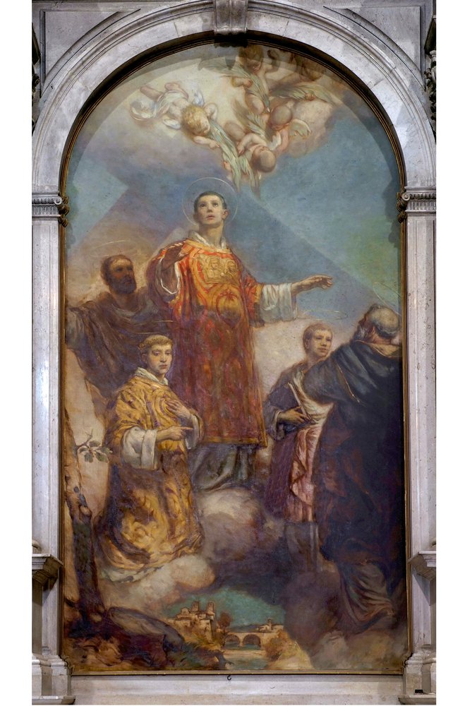 Luigi Bront, San Donato fra i martiri Silvano, Romolo, Venusto, Ermogene, 1932, pala dell'altare di San Donato