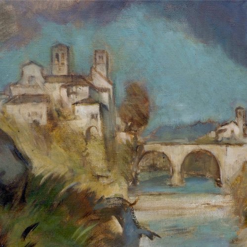 Particolare di veduta di Cividale da Luigi Bront, San Donato fra i martiri Silvano, Romolo, Venusto, Ermogene, 1932, pala dell'altare di San Donato