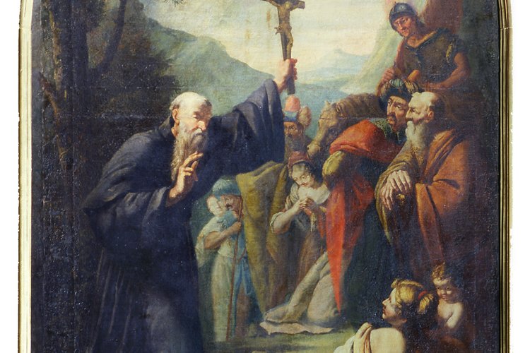 Chiesa della Beata Vergine del Carmine, il Beato Odorico da Pordenone benedice la folla, Francesco Grillo, sec. XVIII