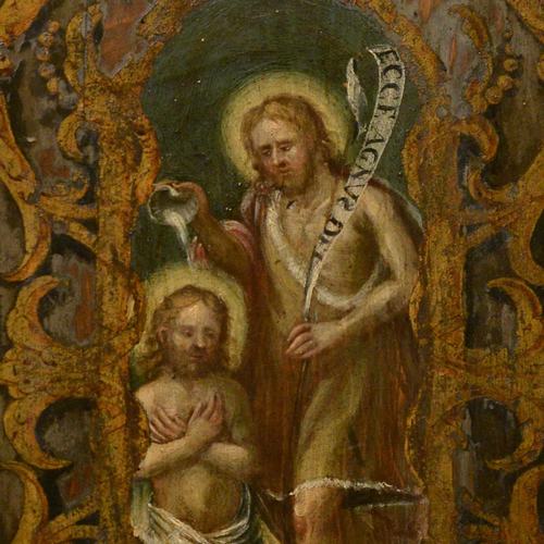 Chiesa di Santa Maria Maggiore, fonte battesimale, formella, Battesimo di Cristo, Valentino Belgrado, 1703, Lestans