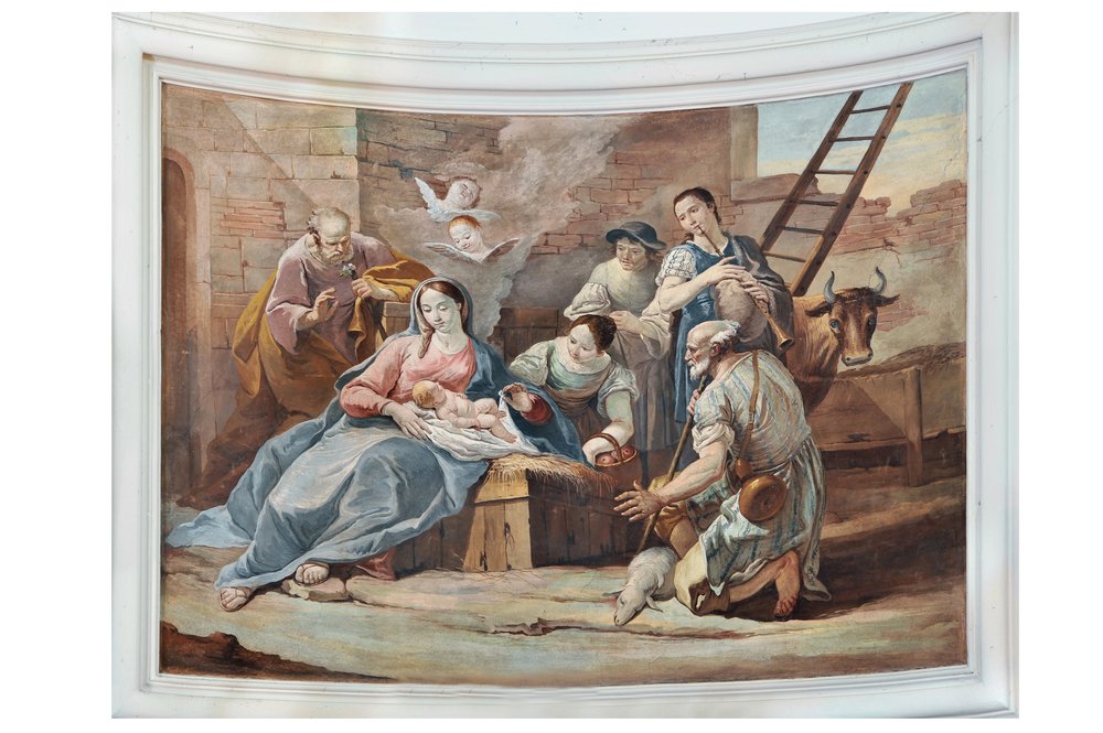 Adorazione dei pastori, affresco (320x170cm) di Antonio Schiavi sul pilastro concavo di sinistra prossimo al presbiterio, 1775