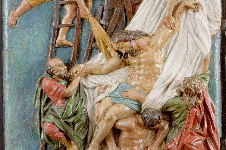 Pieve di Sant'Andrea, altare maggiore, portella ligna, Deposizione, Pozzuolo