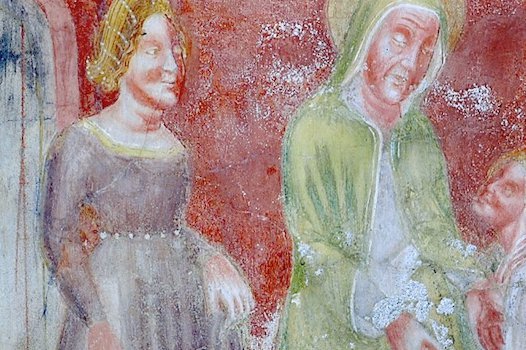 Cappella della Vergine, affreschi, presentazione di Maria e soggiorno di Maria al tempio, pieve di San Lorenzo in Monte di Buja