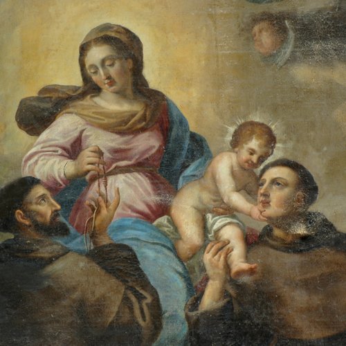 Chiesa di San Giacomo, Madonna col Bambino con san Francesco d’Assisi e sant’Antonio di Padova, sec. XVIII, particolare, Polcenigo