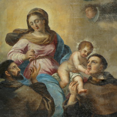 Chiesa di San Giacomo, Madonna col Bambino con san Francesco d’Assisi e sant’Antonio di Padova, sec. XVIII, particolare, Polcenigo