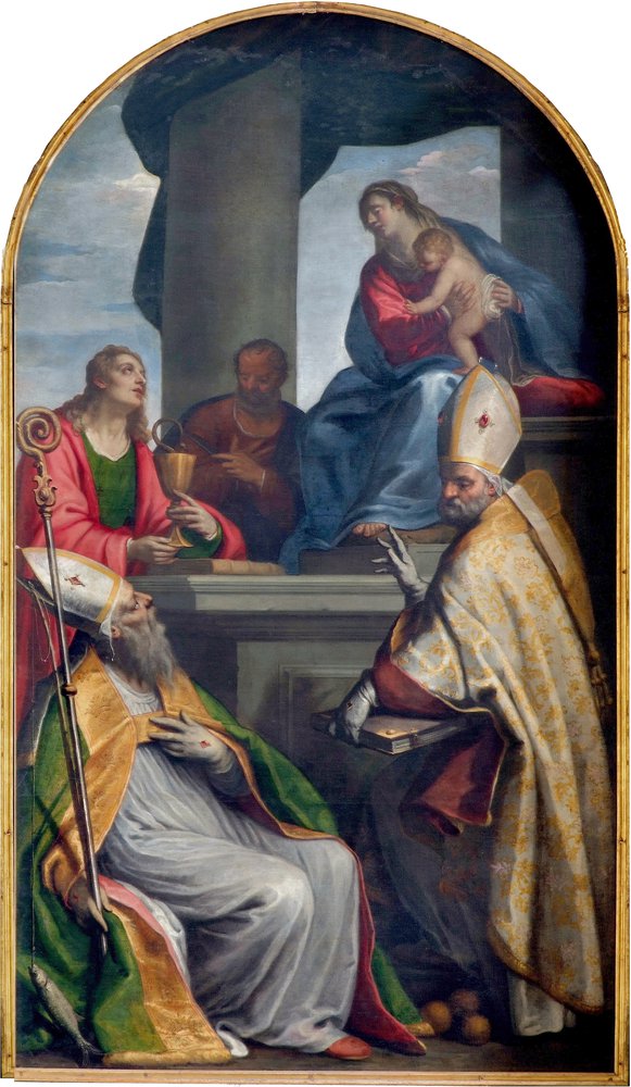 Matteo Ponzone, Madonna in trono con Bambino tra i santi Giovanni evangelista, Bartolomeo Apostolo, Marcello Papa (o San Nicola di Bari) e Zenone Vescovo, 1617