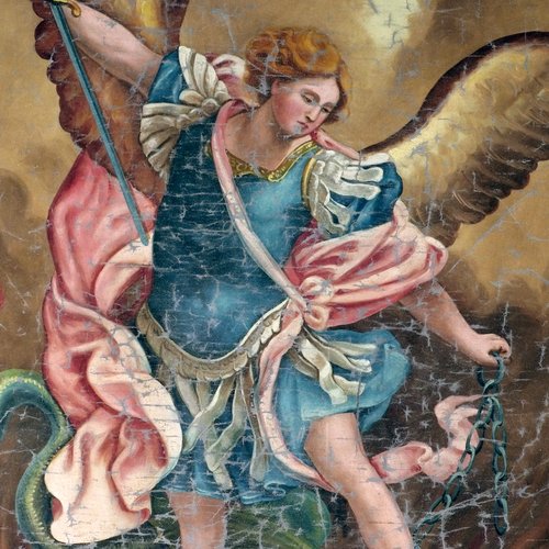 Ovale raffigurante sana Michele, sec. XIX, olio su tela dalla vecchia parrocchiale di sant'Antonio