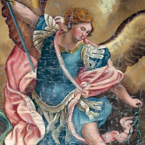 Ovale raffigurante sana Michele, sec. XIX, olio su tela dalla vecchia parrocchiale di sant'Antonio