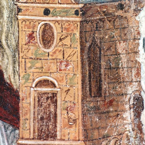 Pietro da Vicenza, particolare di San Girolamo che sorregge una piccola chiesa che riporta lo stemma dei Valvason