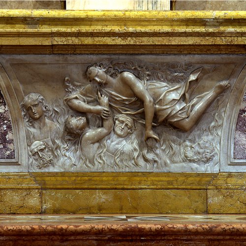 Chiesa della Beata Vergine del Carmine, Altar maggiore, paliotto, scena centrale, Angelo che porta in cielo le anime purganti