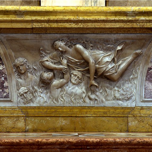 Chiesa della Beata Vergine del Carmine, Altar maggiore, paliotto, scena centrale, Angelo che porta in cielo le anime purganti