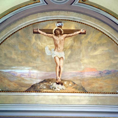 Chiesa di San Lorenzo martire di Talmassons, coro, Leonardo Elia con i discepoli Giovanni Pittini e Alessandro Tessitori, Crocifissione, 1933