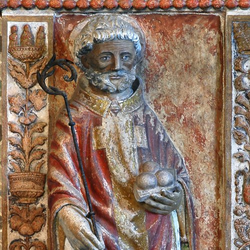 Chiesa di San Nicolò, ancona dell'altare, San Nicola di Bari, Antonio Pilacorte, 1497, San Giorgio della Richinvelda