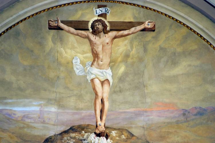 Chiesa di San Lorenzo martire di Talmassons, coro, Leonardo Elia con i discepoli Giovanni Pittini e Alessandro Tessitori, Crocifissione, particolare, 1933