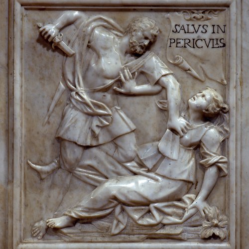 Chiesa della Beata Vergine del Carmine, Altar maggiore, paliotto, scena di destra, un uomo sta per essere ucciso