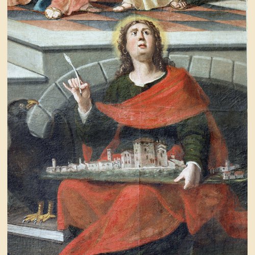 Altare di destra, particolare della pala, San Giovanni Evangelista che regge sulle ginocchia la città di Valvasone, Antonio Paroli, XVII secolo