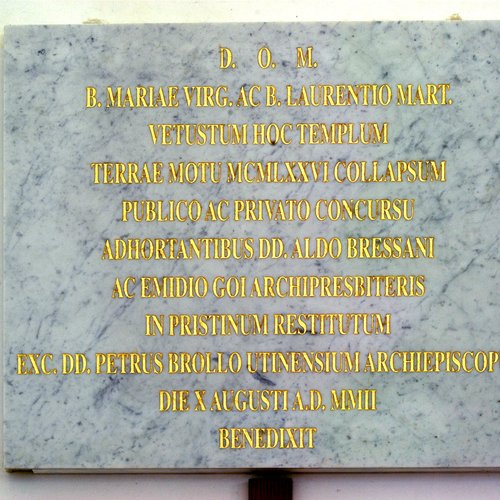 Epigrafe per il restauro posteriore al terremoto del 1976, pieve di San Lorenzo in Monte di Buja