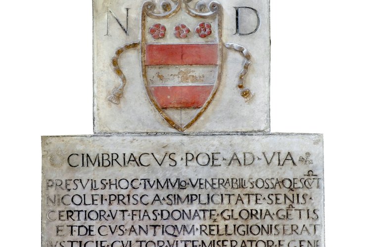 Stemma del Patriarca Nicolò Donato († 1497) e sottostante lapide elogiativa del poeta Cimbriaco