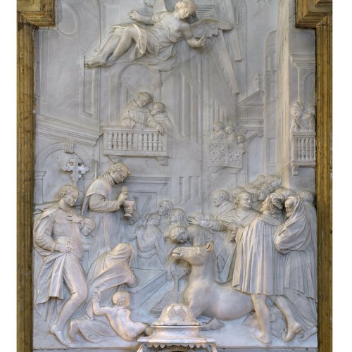 G.Torretti, S.Antonio e la mula inginocchiata, paliotto scolpito, particolare; marmo, sec. XVIII