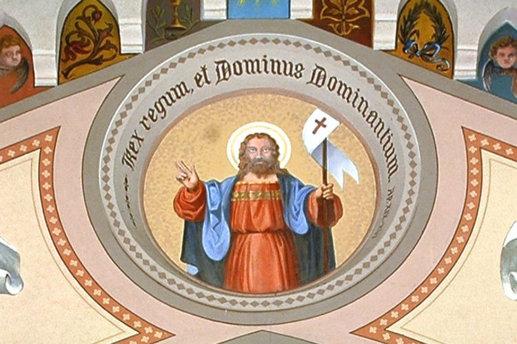 Chiesa parrocchiale di San Giorgio, arco trionfale, Cristo Benedicente tra angeli, San Giorgio, Francesco Barazzutti, 1898, San Giorgio della Richinvelda
