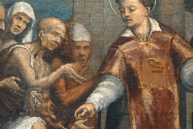 Giovanni Battista Grassi, San Lorenzo che distribuisce denaro ai poveri, pieve di San Lorenzo in Monte di Buja