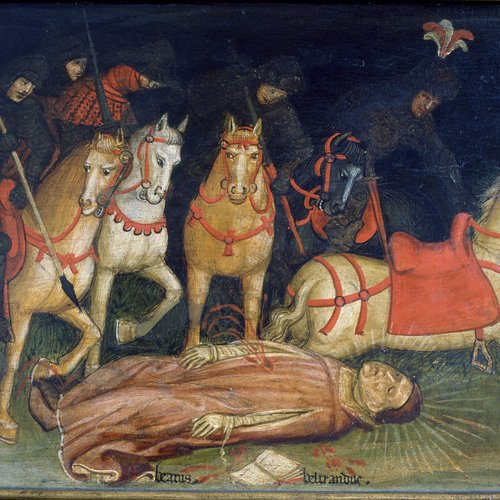 Cappella Corporis Christi, Scene tratte dalla vita del beato Bertrando, Uccisione del Beato, XV sec, particolare