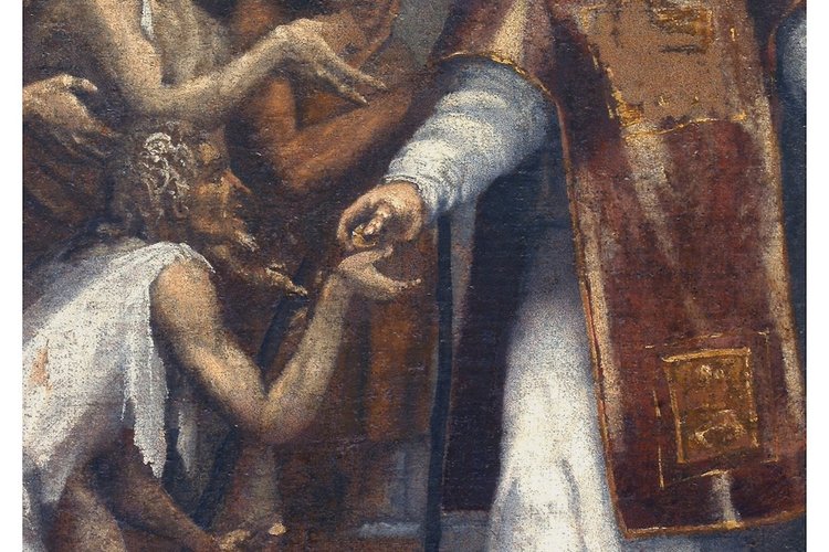 Giovanni Battista Grassi, San Lorenzo che distribuisce denaro ai poveri, particolare, pieve di San Lorenzo in Monte di Buja