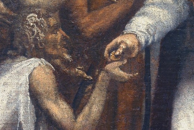 Giovanni Battista Grassi, San Lorenzo che distribuisce denaro ai poveri, particolare, pieve di San Lorenzo in Monte di Buja