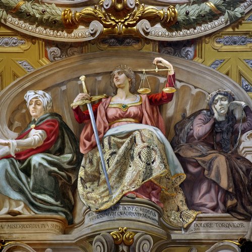 B. Biaggetti, Giustizia, 1911, affresco nella volta della cappella (part.)