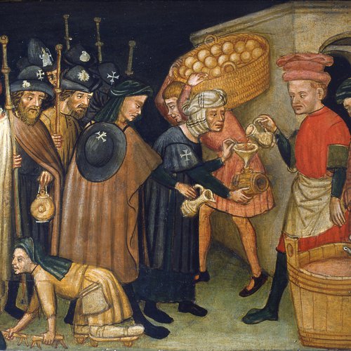 Cappella Corporis Christi, Scene tratte dalla vita del beato Bertrando, Distribuzione del pane ai poveri, XV sec, particolare