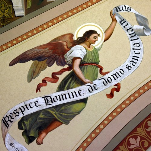 Chiesa parrocchiale di San Giorgio, sottarco, angelo con cartiglio, Francesco Barazzutti, 1898, San Giorgio della Richinvelda