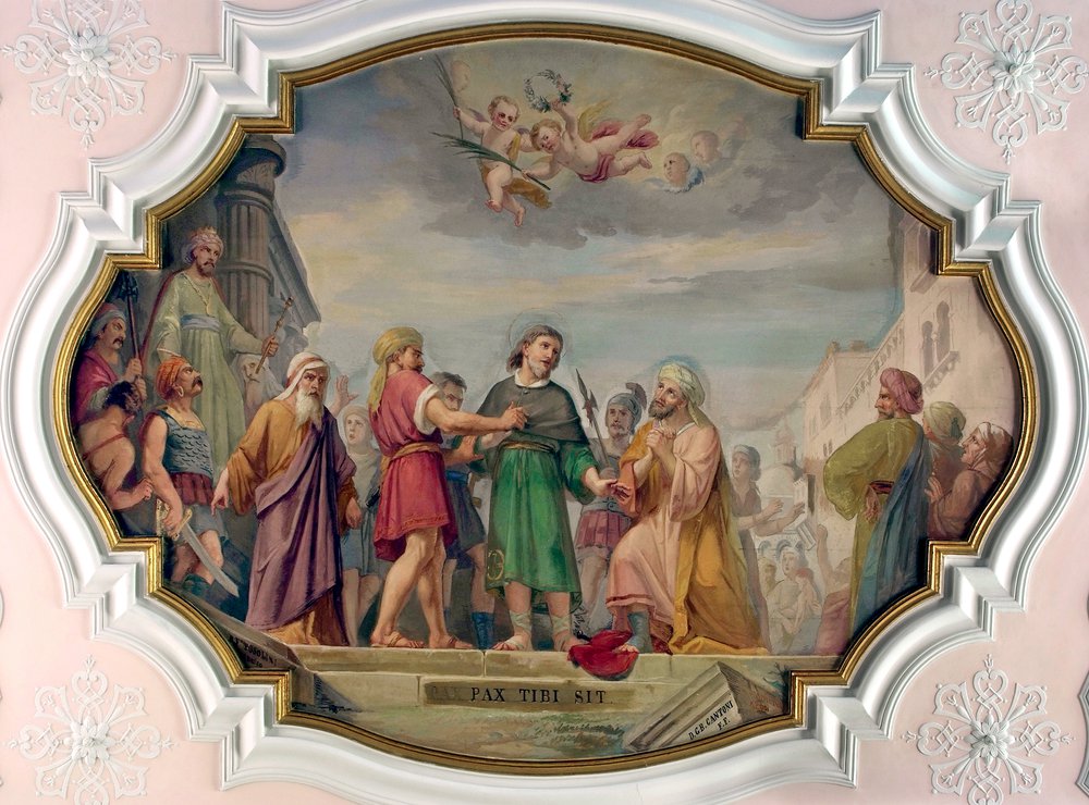 L. Bianchini, Condanna al martirio di San Giacomo, 1885, affresco sul soffitto della sacrestia