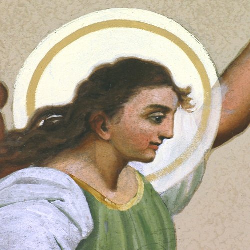 Chiesa parrocchiale di San Giorgio, sottarco, angelo con cartiglio, particolare, Francesco Barazzutti, 1898, San Giorgio della Richinvelda