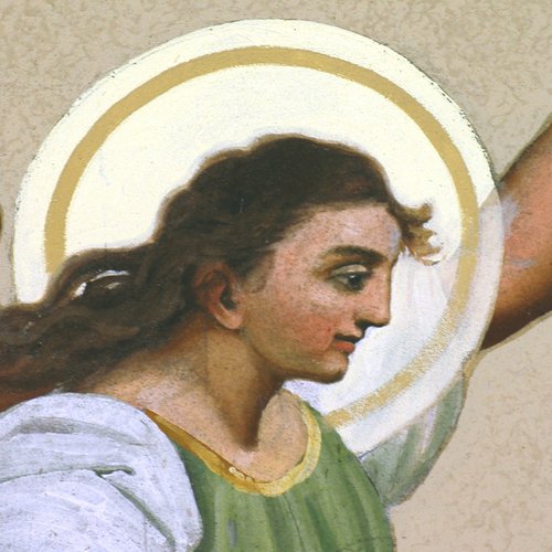 Chiesa parrocchiale di San Giorgio, sottarco, angelo con cartiglio, particolare, Francesco Barazzutti, 1898, San Giorgio della Richinvelda