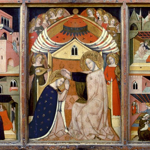 Maestro dei Padiglioni, Tavola con la rappresentazione dell’Incoronazione della Vergine e storie di san Nicolò, XIV secolo