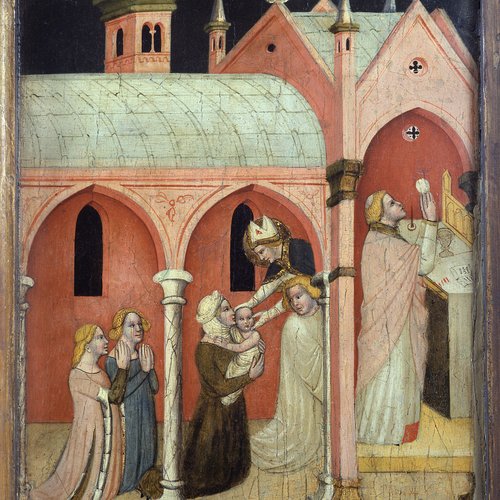 Maestro dei Padiglioni, Tavola con la rappresentazione dell’Incoronazione della Vergine e storie di san Nicolò, XIV secolo