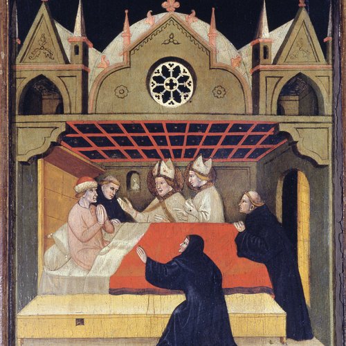 Maestro dei Padiglioni, Tavola con la rappresentazione dell’Incoronazione della Vergine e storie di san Nicolò, XIV secolo