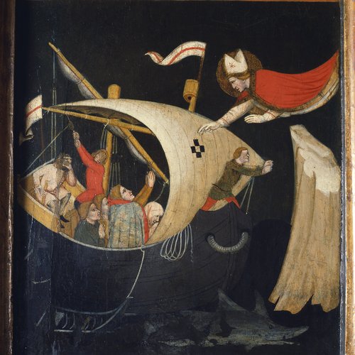 Maestro dei Padiglioni, Tavola con la rappresentazione dell’Incoronazione della Vergine e storie di san Nicolò, XIV secolo