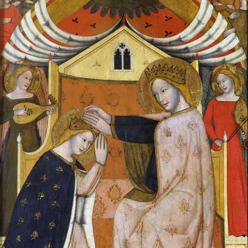 Maestro dei Padiglioni, Tavola con la rappresentazione dell’Incoronazione della Vergine e storie di san Nicolò, XIV secolo