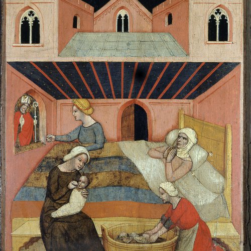 Maestro dei Padiglioni, Tavola con la rappresentazione dell’Incoronazione della Vergine e storie di san Nicolò, XIV secolo
