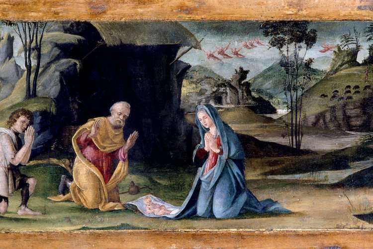 Pellegrino da San Daniele, San Giuseppe con il Bambino, 1500-1501, predella, Adorazione del bambino