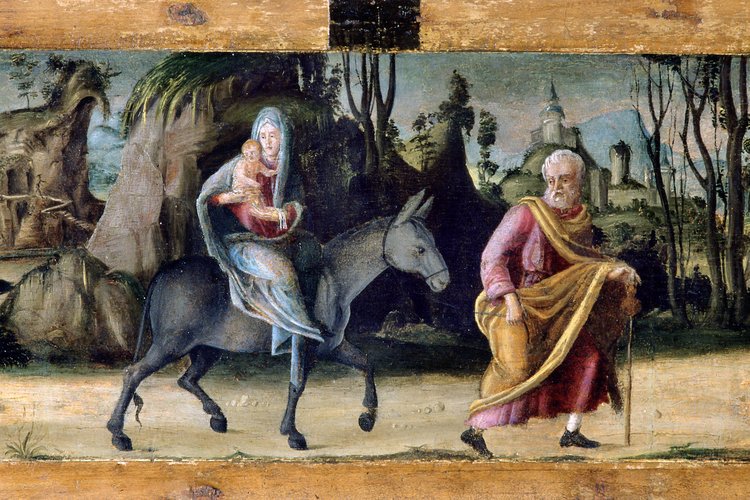 Pellegrino da San Daniele, San Giuseppe con il Bambino, 1500-1501, predella, Fuga in Egitto